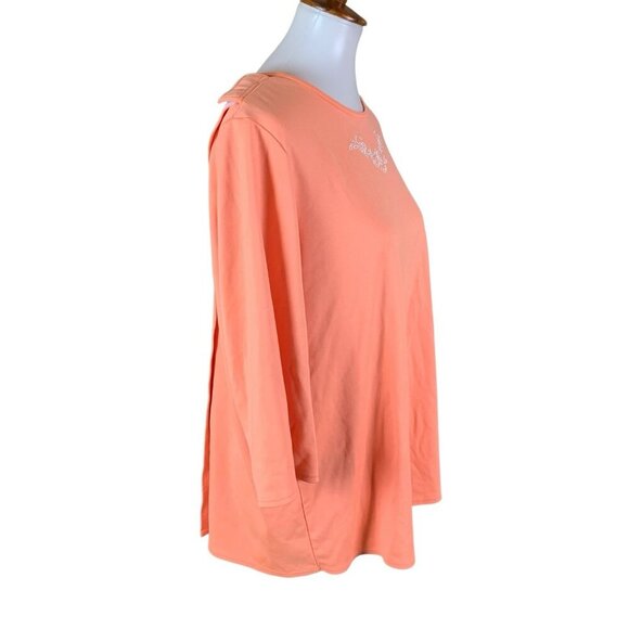 Silverts Peach Embroidered Floral Pullover Top 3/4 Sleeve Stretch Knit Shirt L - Picture 3 of 6